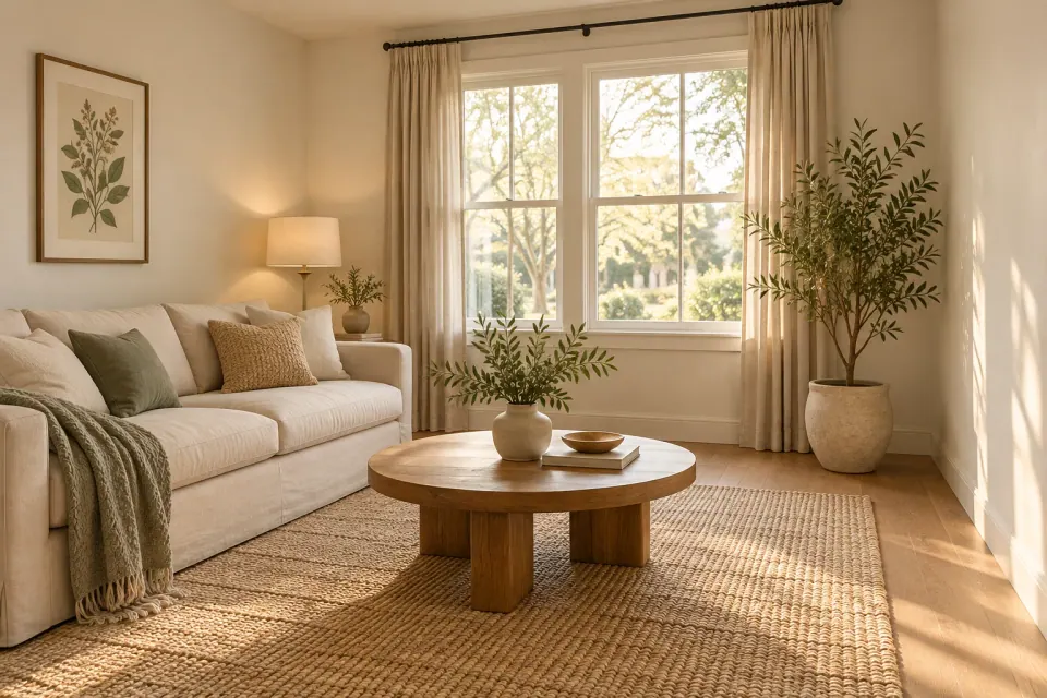 Original sample room with a cream sofa, oak table and a large window